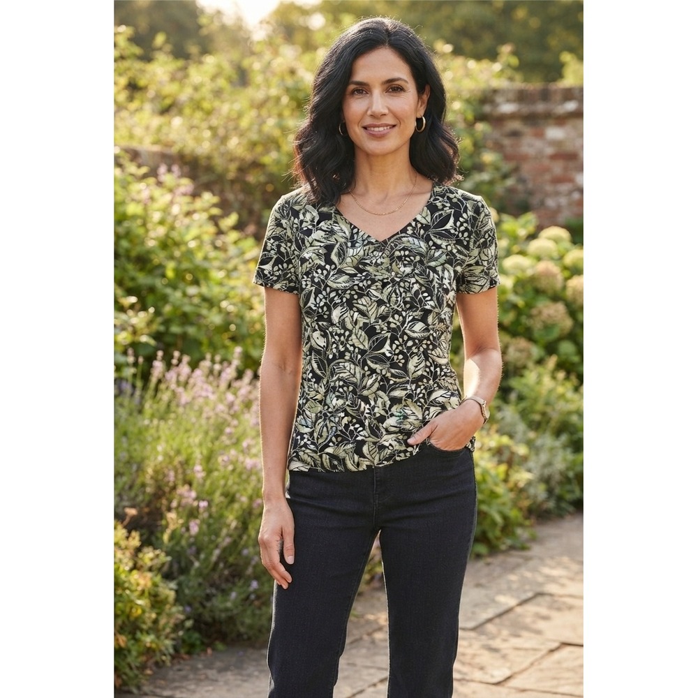 Rena Rowan Green Black Leaf Print V-Neck Mesh Lined Short Sleeve Blouse Medium